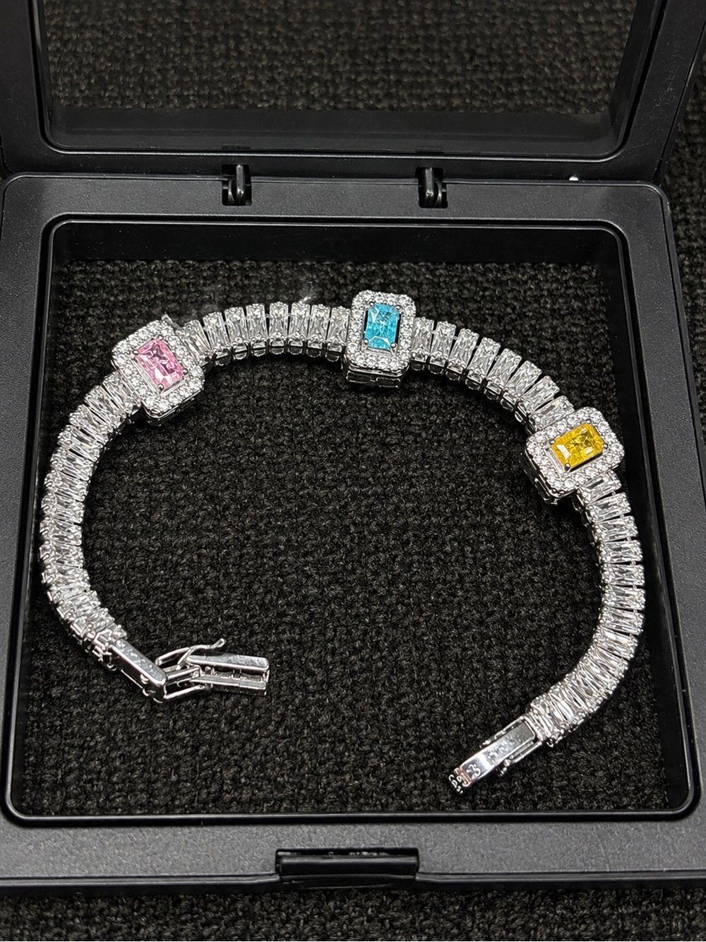 Silver Tennis Bracelet with Pink, Blue & Yellow Stones